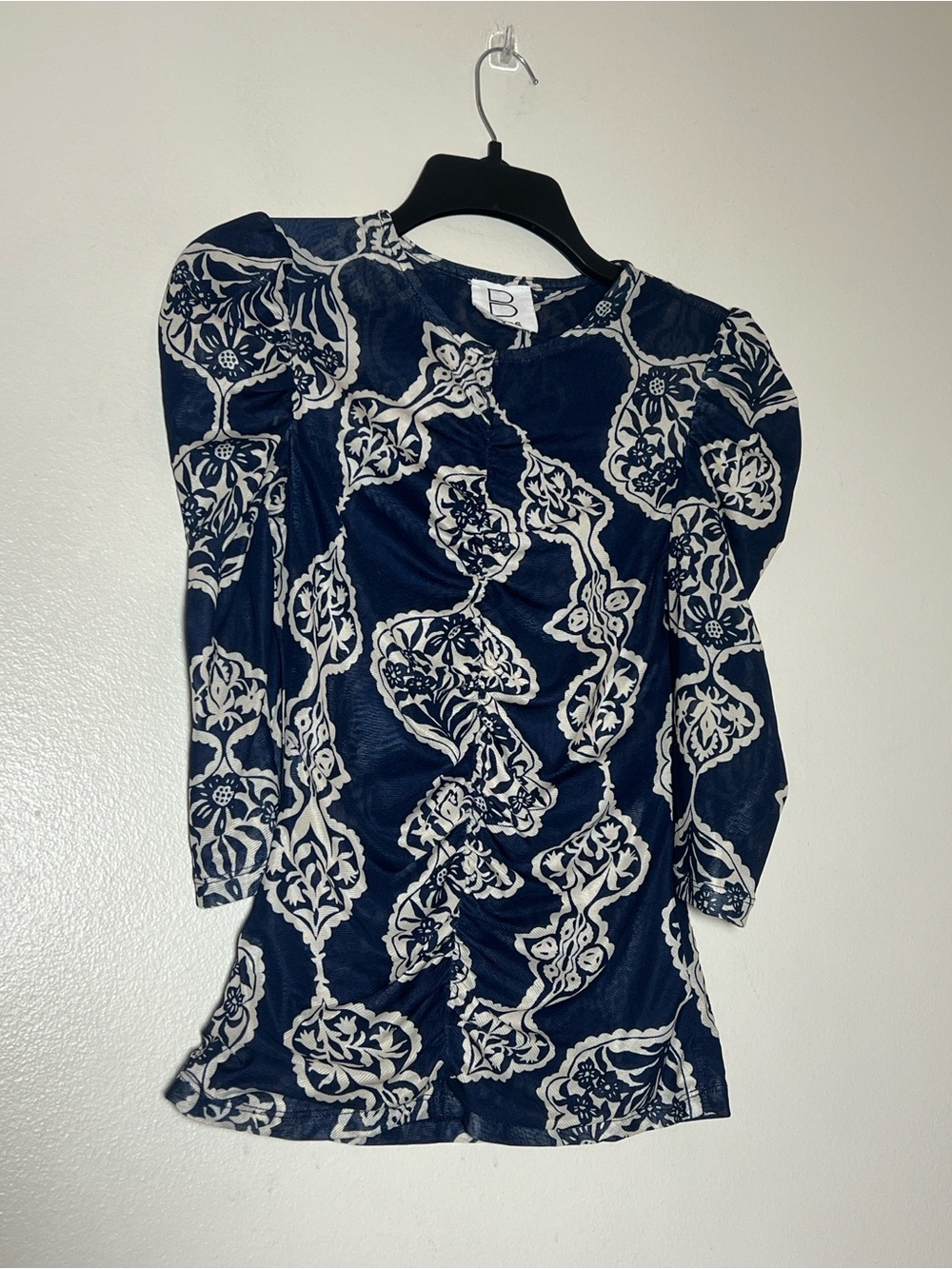 Bliss Navy Blue & White Floral Ornate Mesh Shirt Ruched Sleeves XS